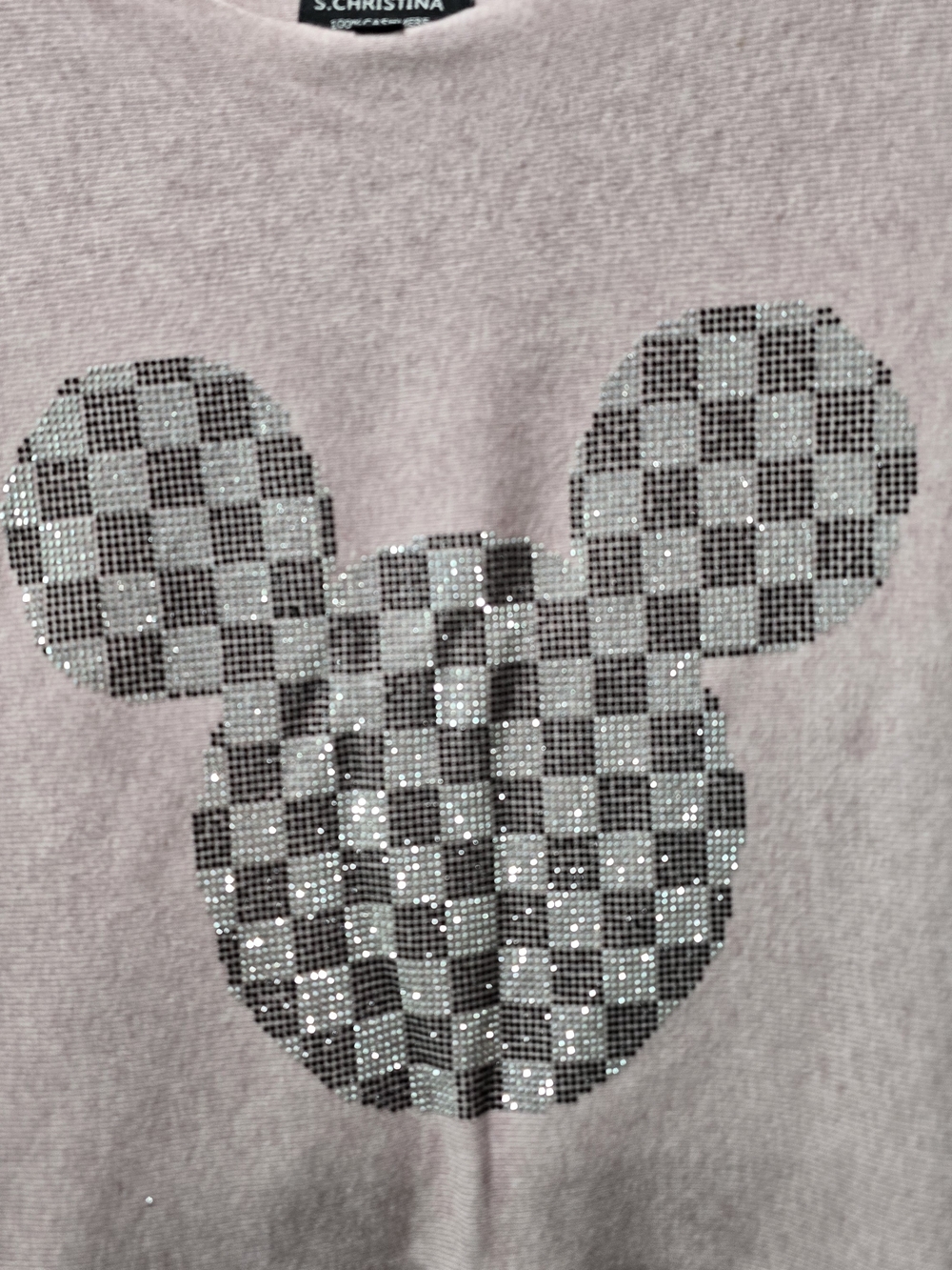 100% CASHMERE Christina Pink Crewneck Sweater with Rhinestone Checker Mickey - Picture 2 of 5